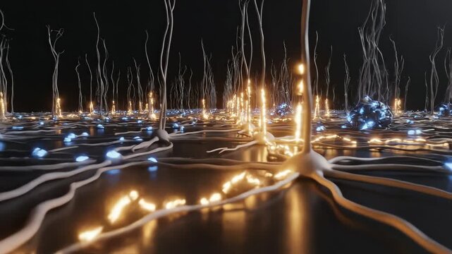 Entire dopaminergic network during Parkinsonism, where some nodes glow strongly while others fade into gentle dimness. Signaling waves propagate unevenly, forming stuttered pulses across the circuit