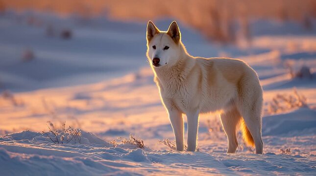 A white dog standing in a snowy field during sunrise with a serene landscape view
