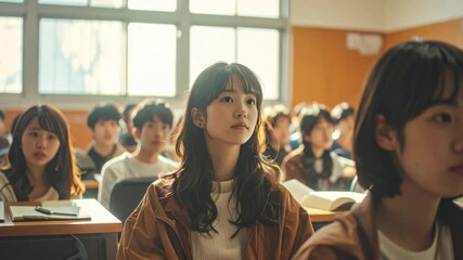 Young Asian students attentively listening in a bright classroom - Powered by Adobe