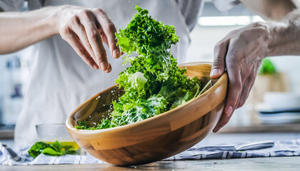 Fresh green salad tossed dynamically in a wooden bowl perfect for cooking blogs, healthy lifestyle articles, recipe book covers, and restaurant marketing visuals