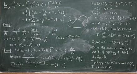 A green school blackboard covered with complex mathematical equations, formulas, and scientific proofs for advanced education and research concepts.