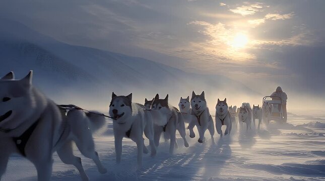 Sled dogs pulling a sled through a snowy landscape at sunrise with a team of dogs running in unison