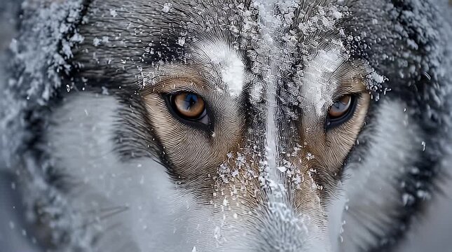 A close-up view of a snowy wolf's face, showcasing its piercing yellow eyes amidst a frosty landscape