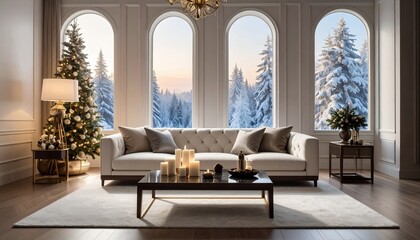 Fototapeta premium Elegant living room with Christmas decorations and snowy winter landscape outside arched windows.