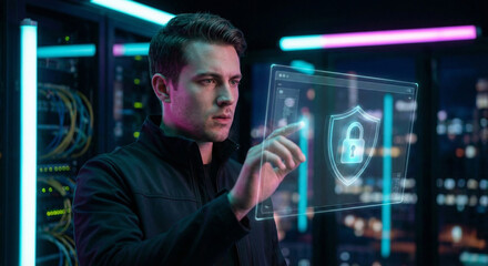Professional Specialist Protecting Digital Data with Holographic Security Shield in Modern Neon Workspace