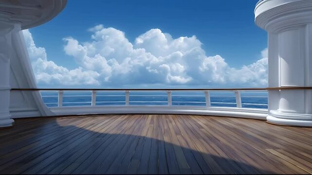 Serene ocean view from a wooden deck surrounded by white pillars under a bright blue sky