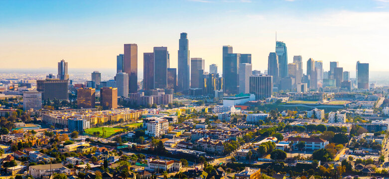 Los Angeles skyscrapers aerial panorama at sunset