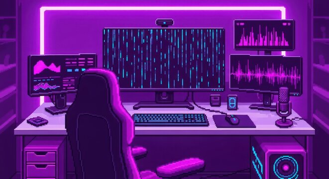 Vaporwave gaming room setup with multiple screens and neon light in pixel art style