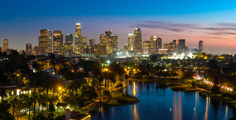 Fototapeta premium Los Angeles skyscrapers aerial night view from Echo Park
