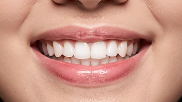 A close-up of a smiling face, showing perfect, white teeth and plump, pink lips