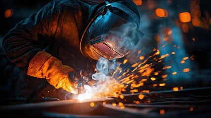 Close-up of industrial welder in safety helmet and gloves welding steel with bright sparks and smoke in dark factory workshop - Powered by Adobe