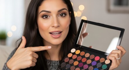 Enchanting woman demonstrating her exquisite makeup collection and beauty techniques