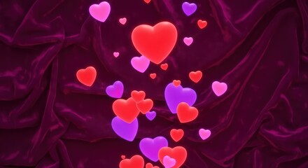 Floating hearts with red and purple hues creating a festive and loving atmosphere against a