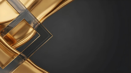 高級感のある液体ゴールドと幾何学クリスタルの抽象背景。金融やコンサルティング向けプレゼン資料・Webヘッダー素材（16:9）。