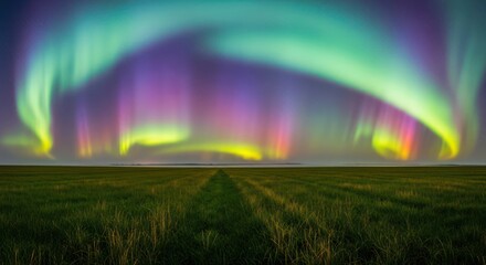 Majestic aurora borealis illuminates the serene green fields under a colorful sky