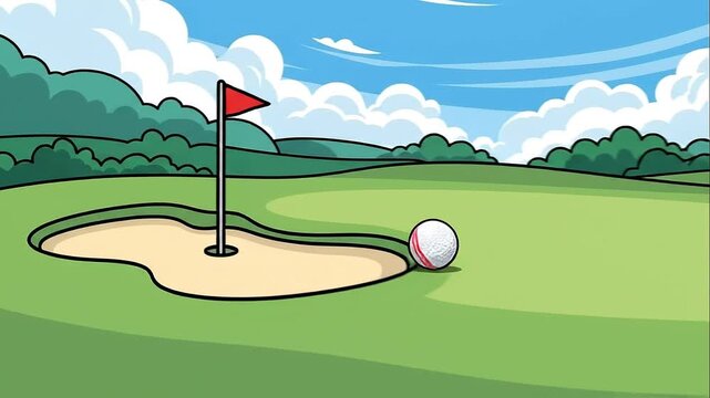 Golf Swing Illustration Hitting Ball Near Sand Trap On Course