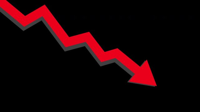 Red down indicator arrow showing financial loss and business decline with transparent background 4K