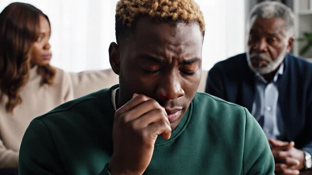 Emotional Young Black Man Crying, Comforted by Caring Family Members in a Moment of Shared Grief and Support