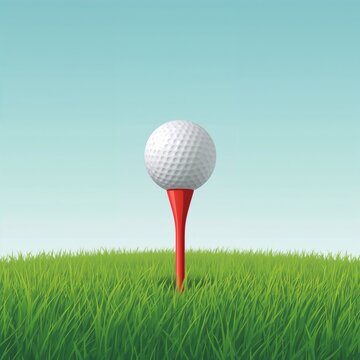 A white golf ball resting on a red tee in a green field
