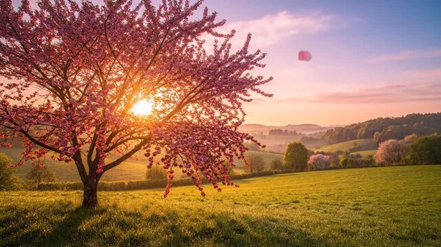 A flowering tree with pink blossoms is the focal point, backlit by a vibrant sunset over a grassy field