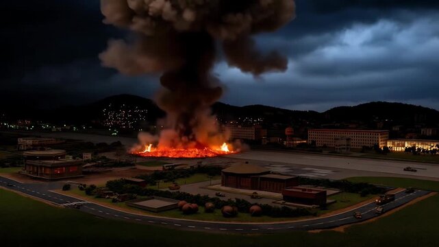 Aerial View of Industrial Fire at Night with Smoke Rising Over Complex Buildings