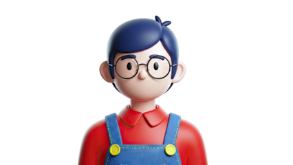3D Render of a Young Boy with Glasses and Overalls