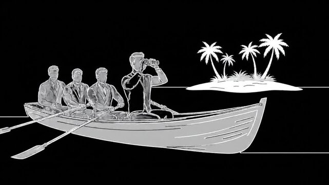 Monochrome illustration of four men in suits rowing a boat toward a distant island with palm trees