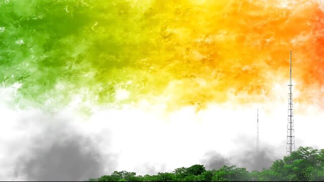 Aerial View of Tower Amidst Vibrant Cloud Formation Over Lush Green Trees Landscape Scene Video Footage