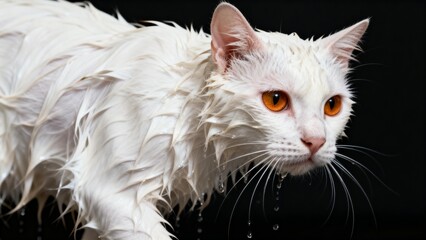 Wet white cat with orange eyes