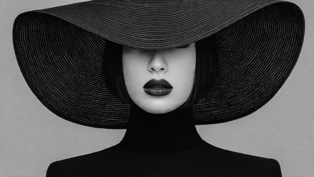 Femme &eacute;l&eacute;gante portant une capeline lui cachant les yeux