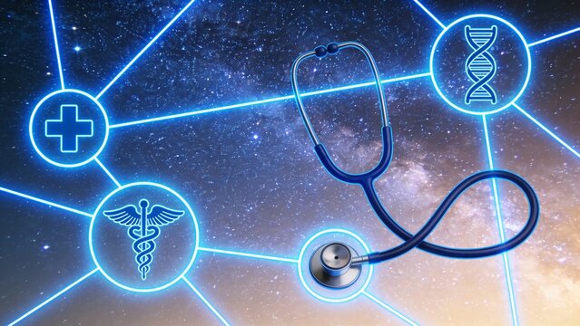 Stethoscope and medical symbols in space - Powered by Adobe
