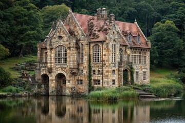 Ornate Stone Building with Red Tiled Roof Surrounded by Lush Greenery Reflecting in Calm Water in Soft Natural Light