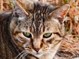 Obraz premium Reflective feline gaze, Serene tabby with vivid green eyes and gentle whiskers amidst autumn foliage