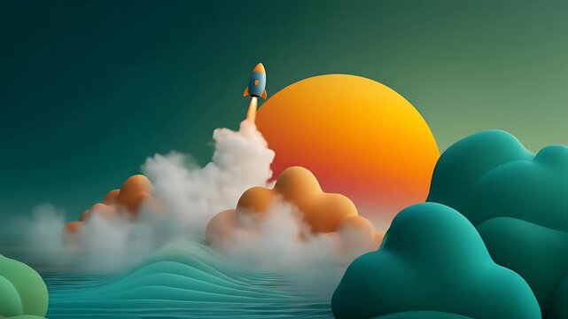 A rocket launches into the sky surrounded by clouds and a large sun in the background environment from a low viewpoint 292