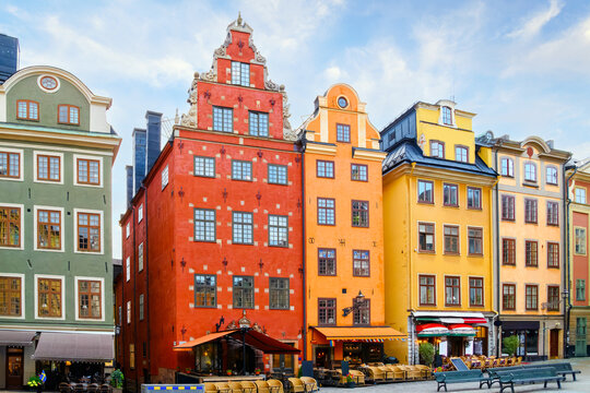 Colorful buildings once merchant's homes line the medieval Stortorget Square in the historic old town of Gamla Stan, on Stadsholmen Island, Stockholm, Sweden.
