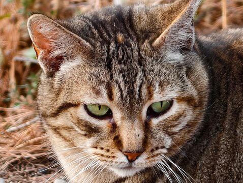 Captivating feline snapshot emphasizing piercing eyes and intricate facial and fur textures