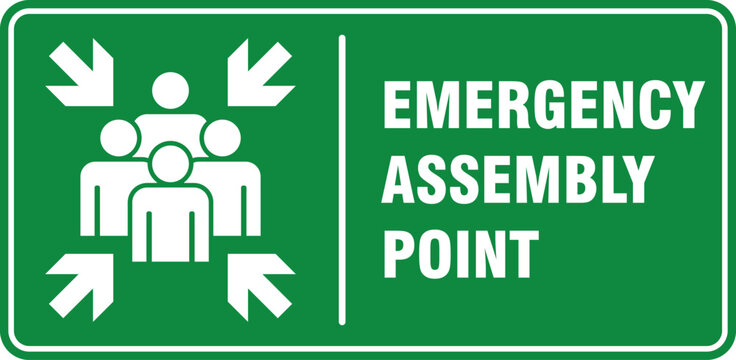  emergency assembly point sign label banner poster isolated printable vector illustration template.