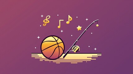Minimalist flat design combining basketball, fishing rod, and musical notes on gradient purple background, ideal for hobby blogs, lifestyle content, and casual event visuals