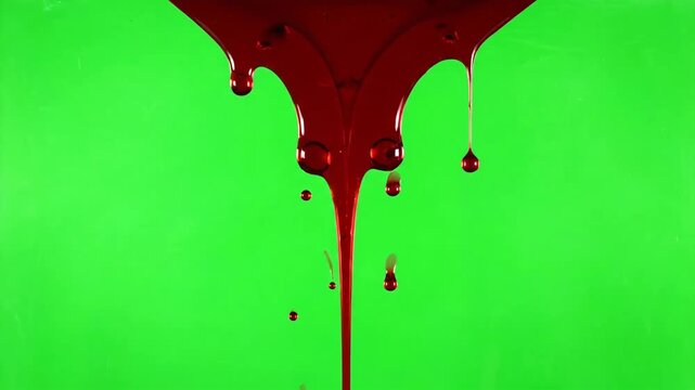 Viscous, dark red blood dramatically dripping and flowing against a chroma key green screen background.