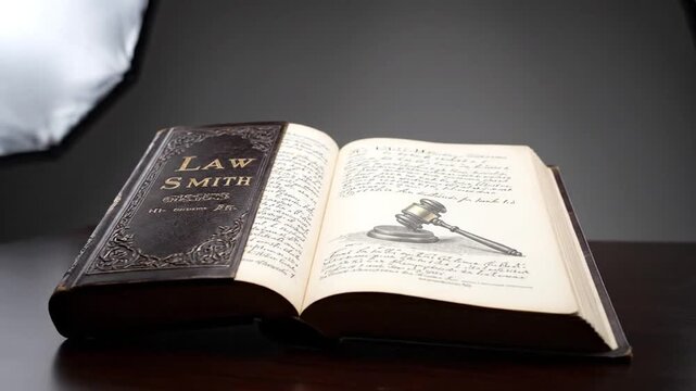 An antique book, "Law Smith," is open to a page with handwritten script and a gavel illustration