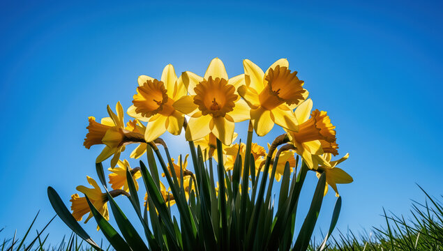 Vibrant yellow daffodils blooming against a clear blue sky  