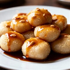 Realistic photo of cilok with peanut sauce and sweet soy drizzle, high resolution