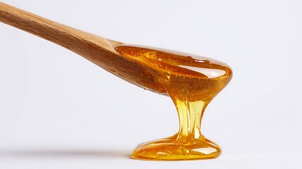 Thick golden honey slowly dripping from a raw wooden spoon, organic viscosity detail