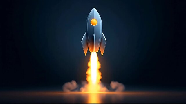 A rocket ship launches upwards with fiery flames and smoke into the dark night sky