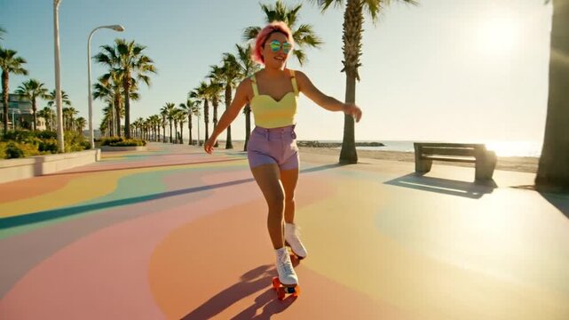 Woman roller skating on rainbow path by beach and palm trees, sunny day