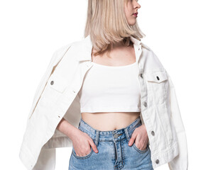 Png blonde girl mockup in white tank crop top streetwear shoot © Rawpixel.com
