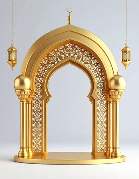 Golden Islamic Arch with Hanging Lanterns on White Background.