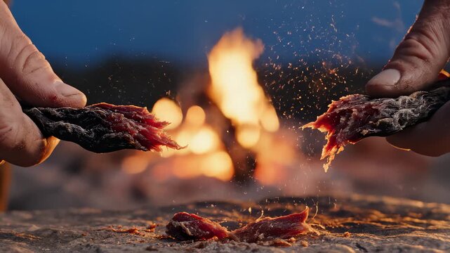 Hands Breaking Piece of Beef Jerky in Front of Campfire at Night