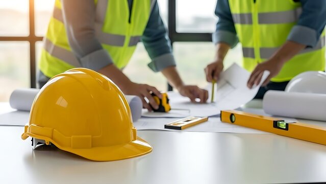 Construction professionals review building plans with essential safety gear and tools on a bright desk - Powered by Adobe