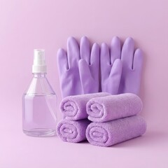 Purple cleaning supplies including rubber gloves rolled towels and spray bottle